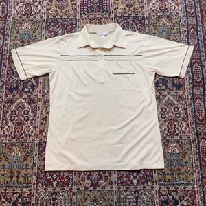 VTG striped Palm Land Men's Short Sleeve Polo Shirt Beige Classic Fit Size‎ L